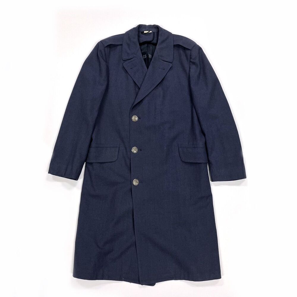 Vintage USAF Military Chester Trench Coat Sz 37R Blue Double Breasted Long Wool